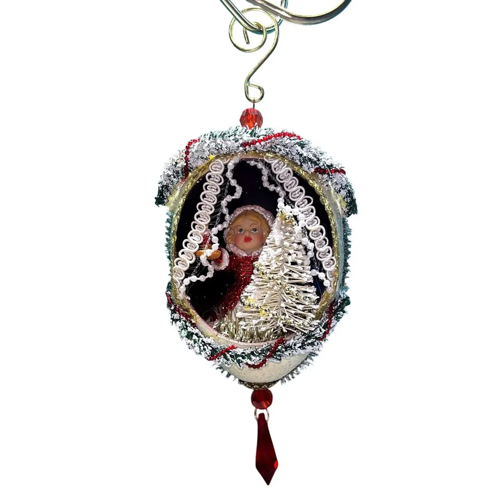 Vintage‎ Diorama Egg Ornament White Red Girl with Christmas Tree